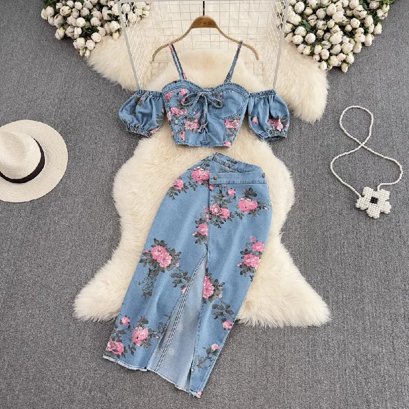 Denim fashion suit for hot girls chic halter top two-piece set     S4034