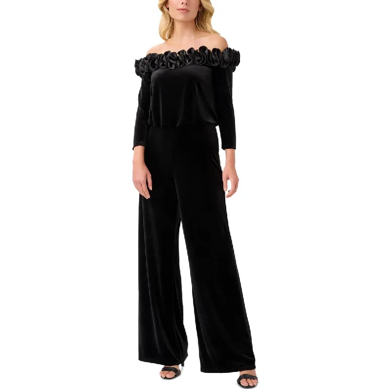 Adrianna Papell Womens Velvet Off-The-Shoulder Jumpsuit