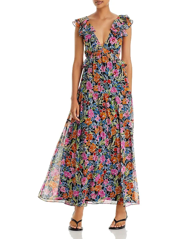 Womens Floral Plunge Neck Maxi Dress