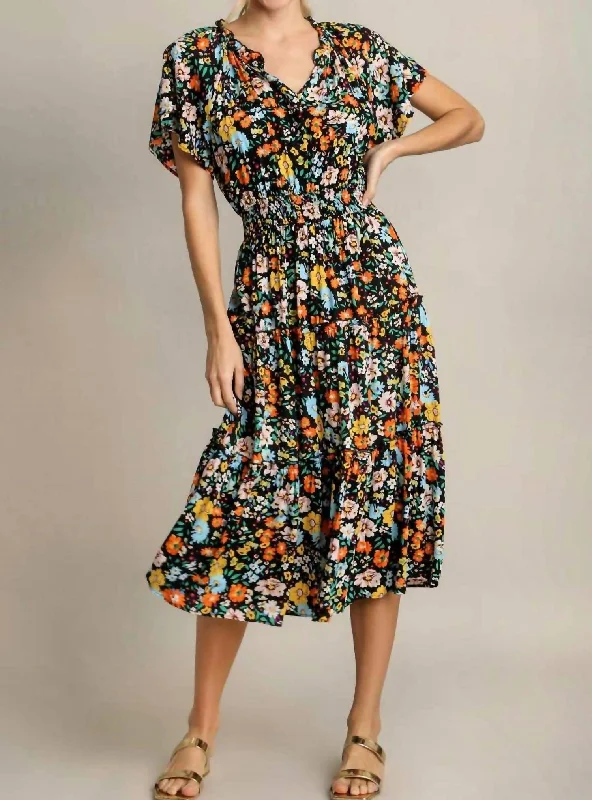 Floral Print Midi A-Line Dress In Multi