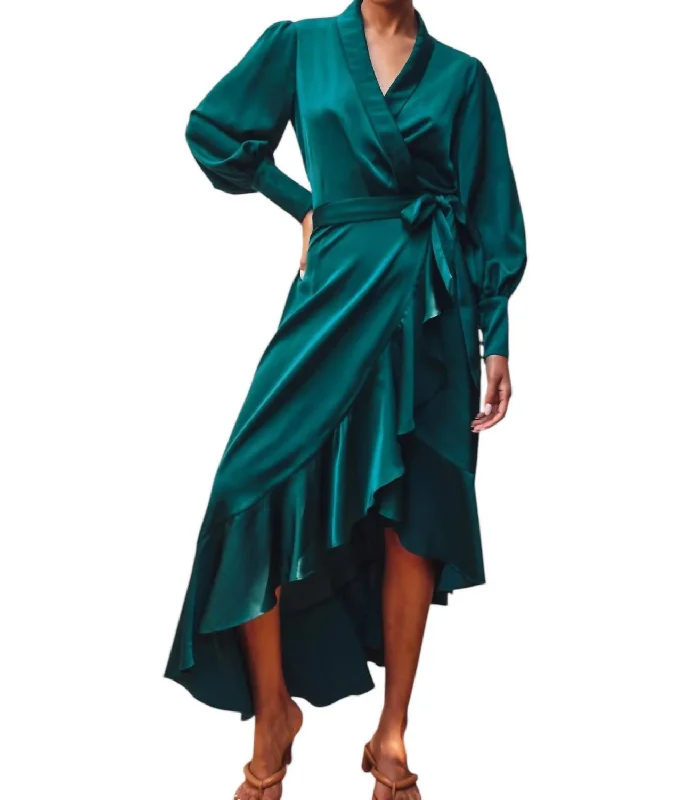 Satin Ruffled Midi Wrap Dress In Emerald Green