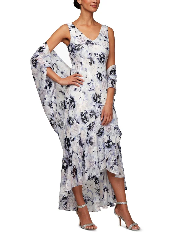 Petites Womens Floral 2 PC Evening Dress