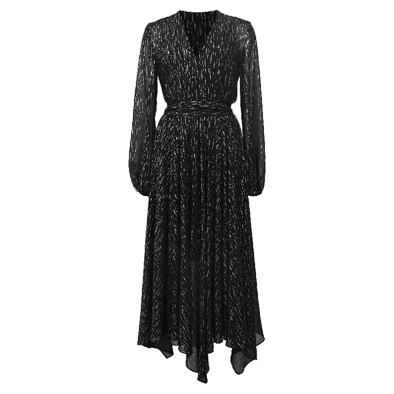 Maje Route Gathered Metallic Midi Long Sleeve Dress in Black Polyester