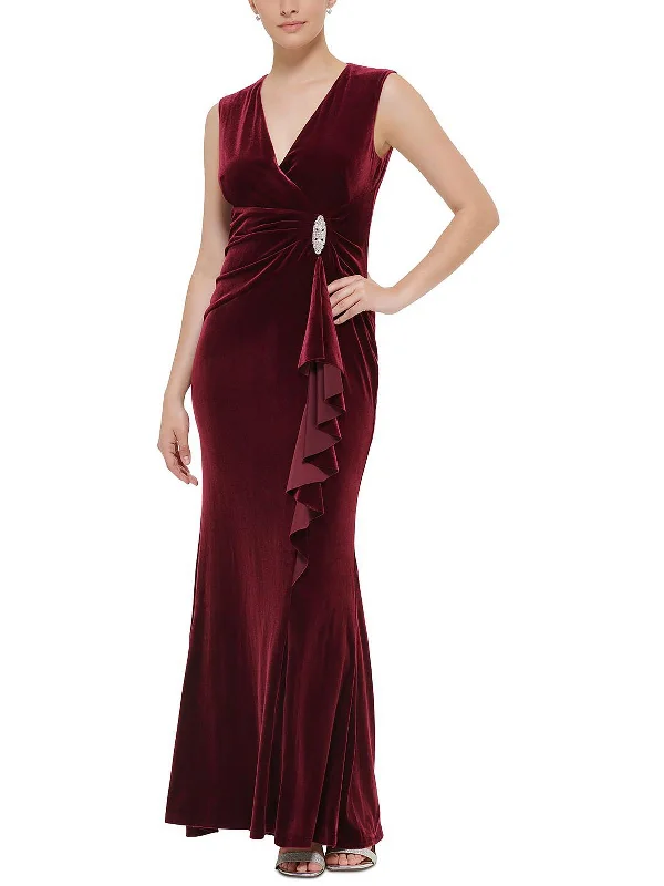 Petites Womens Velvet Sleeveless Evening Dress