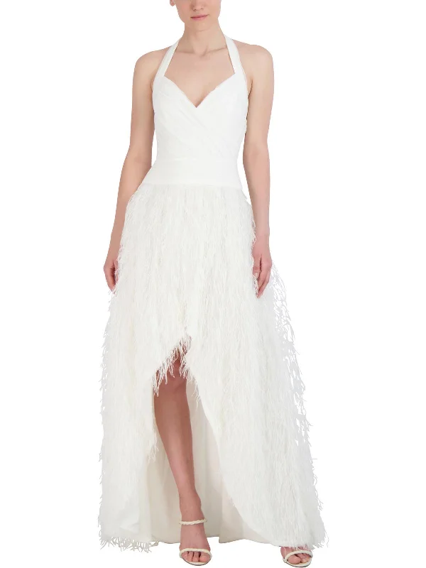 Womens Hi-Low Feather Evening Dress