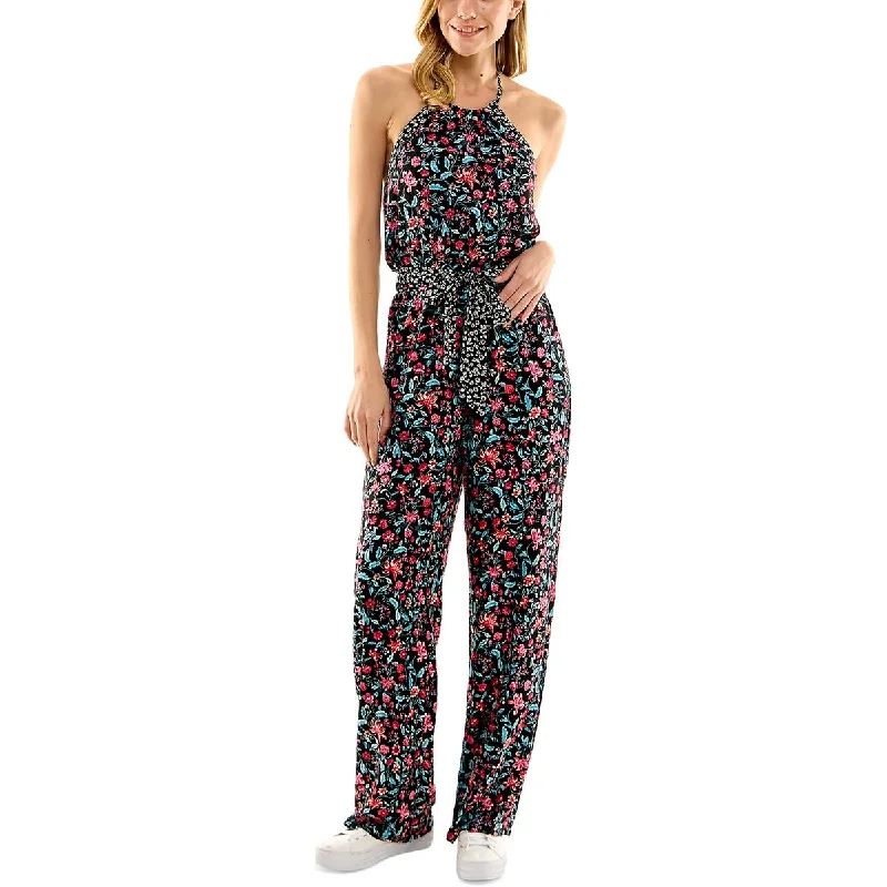 Kingston Grey Womens Juniors Floral Print Crinkled Jumpsuit