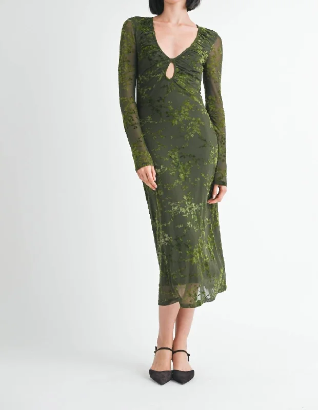 Key Hole Midi Long Sleeve Dress In Green