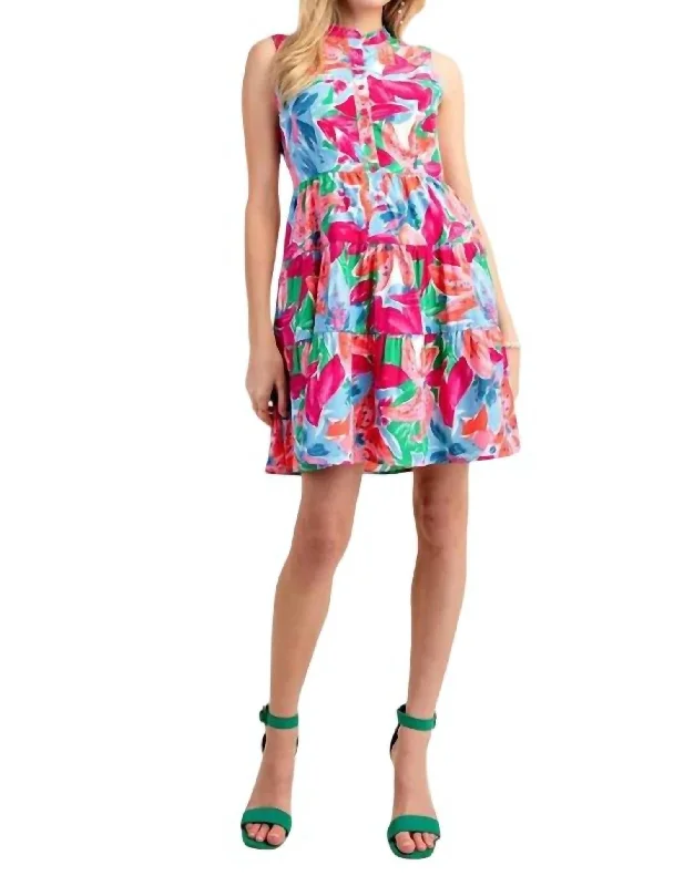 Side Pocket Floral Tiered Mini Dress In Pink Combo