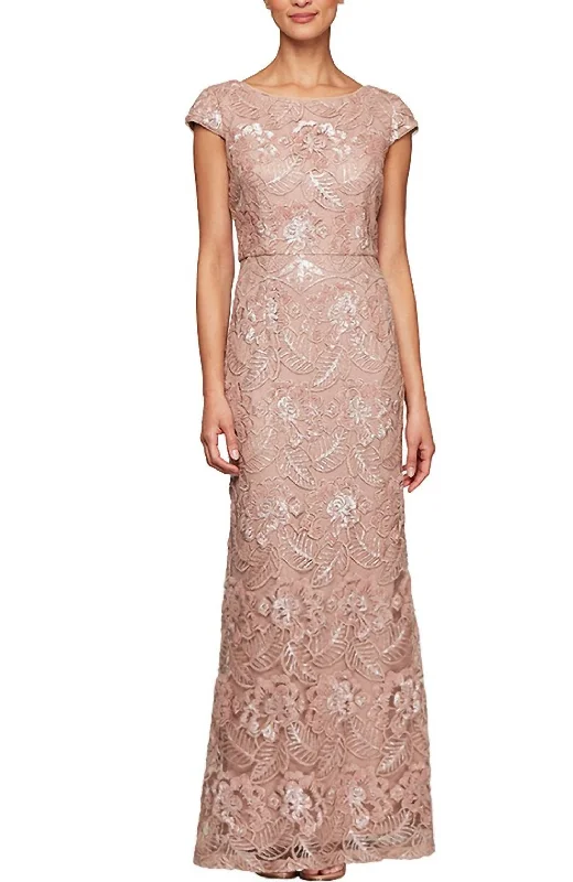 Long Embroidered Gown With Cap Sleeves In Rose Gold