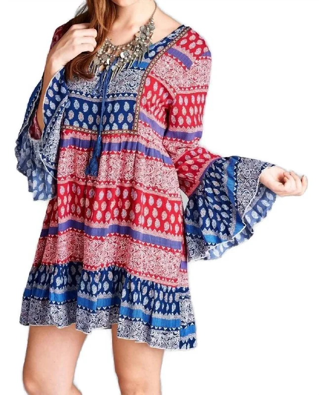 Tassel Tie Bell Sleeve Mini Dress In Red Multi