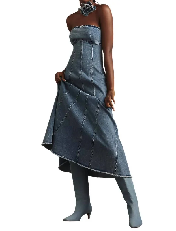 Icon Fluted Midi Dress In Denim