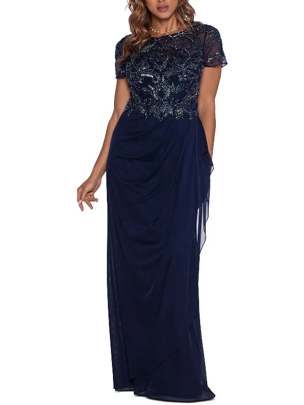 Plus Womens Beaded Draped Evening Dress