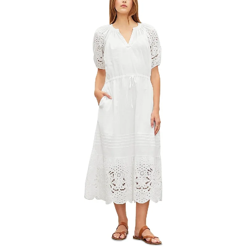 Womens Eyelet Puff Sleeve Midi Dress