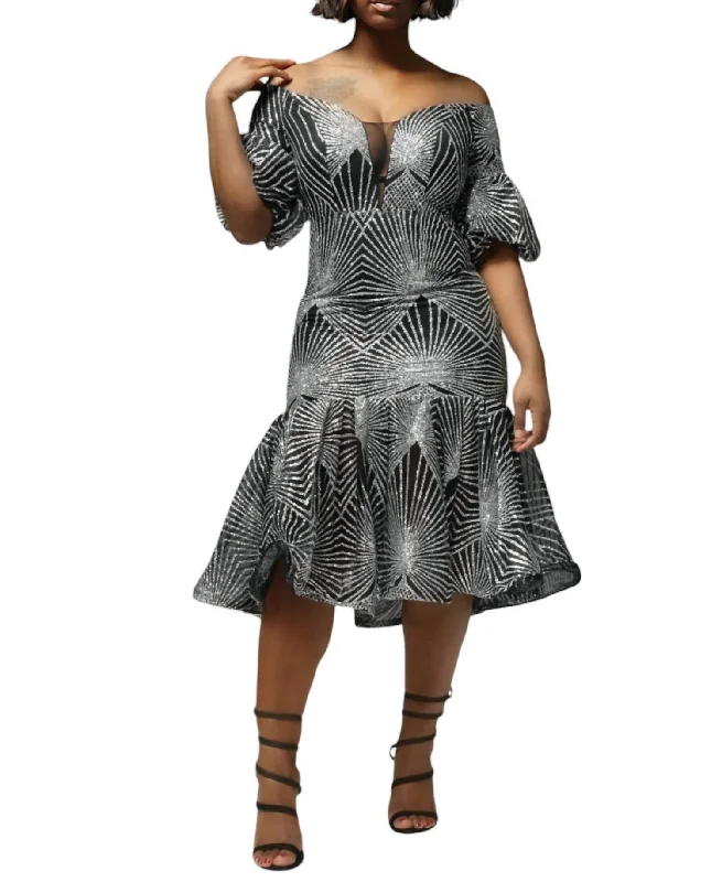 Off The Shoulder Midi Dress In Silver & Black