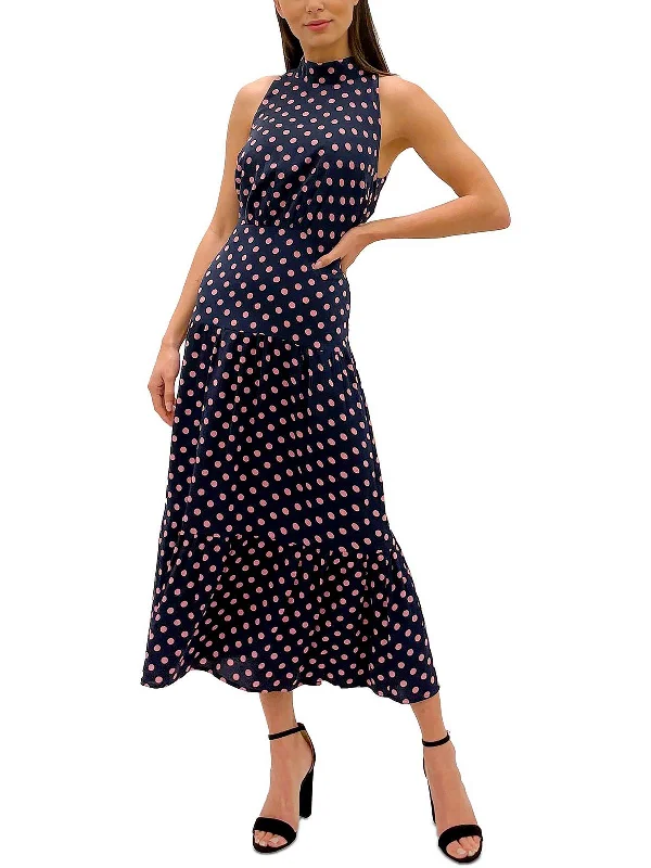 Womens Polka Dot Tie Neck Maxi Dress