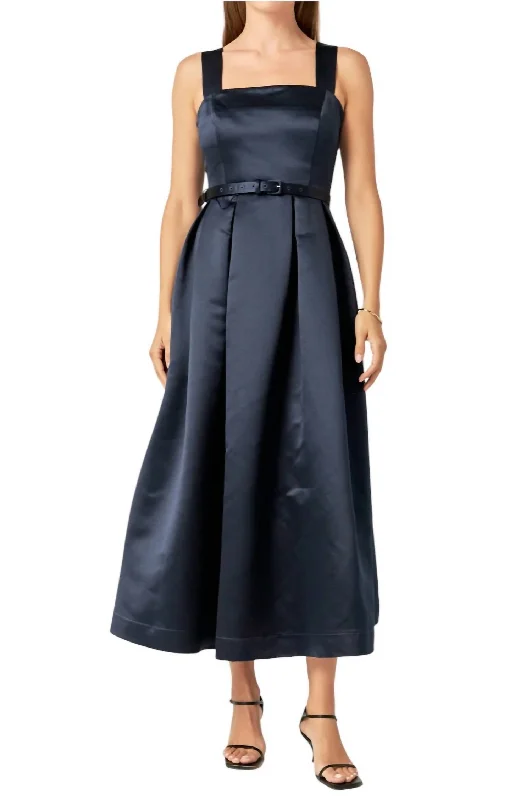 Satin Sleeveless Midi Dress In Navy