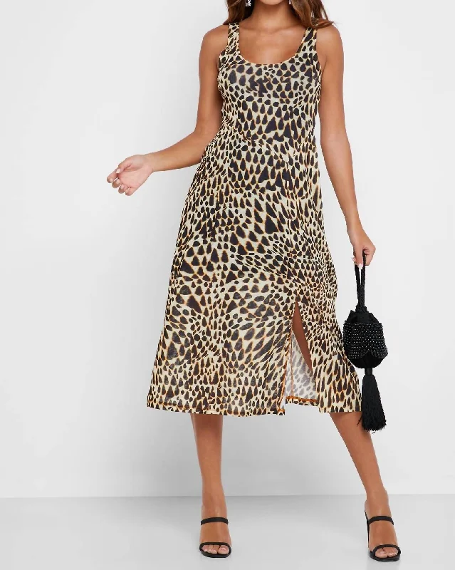 Animal Print Plunge Neckline Mesh Midi Dress In Multicolor