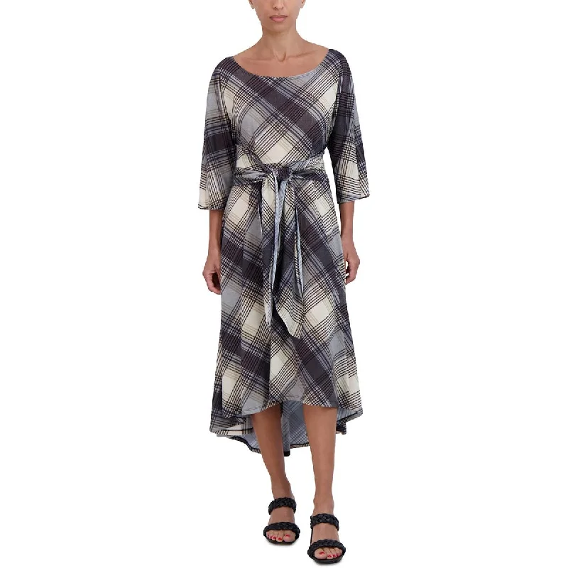 Womens Plaid Waist Tie Midi Dress