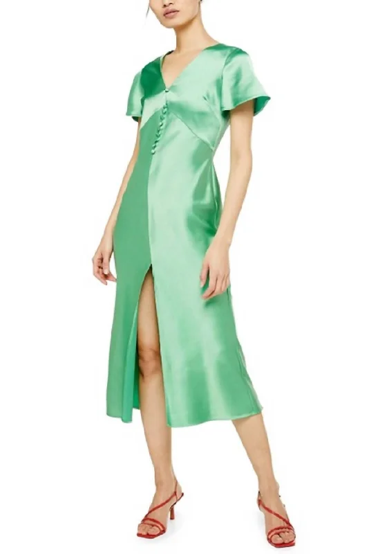 Angel Sleeve Bias Cut Satin Midi Dress In Green