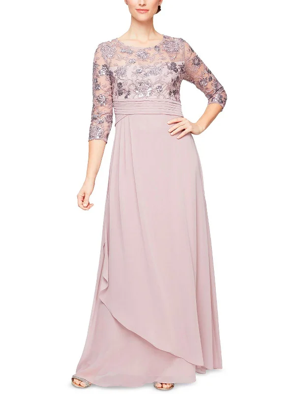 Petites Womens Chiffon Embroidered Evening Dress