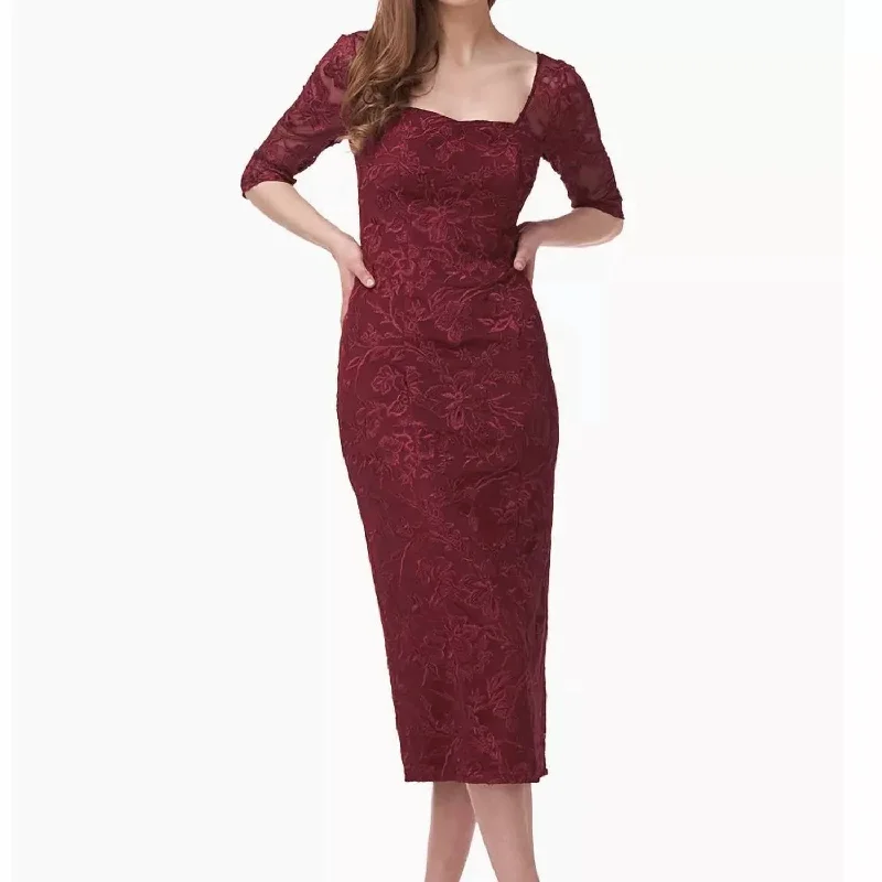 Elle Tea Length Sweetheart Lace Midi Dress In Red