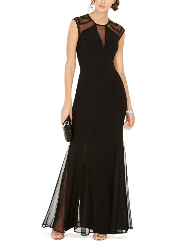 Petites Womens Illusion Maxi Evening Dress