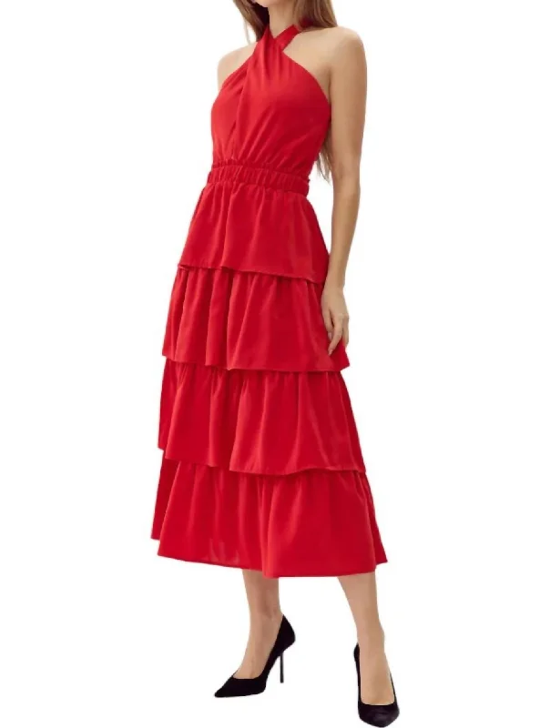 Eleanor Halter Tiered Midi Dress In Crimson Red