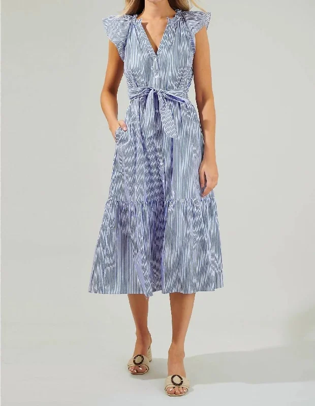 Dynamite Striped Button Midi Dress In Blue/white Stripe