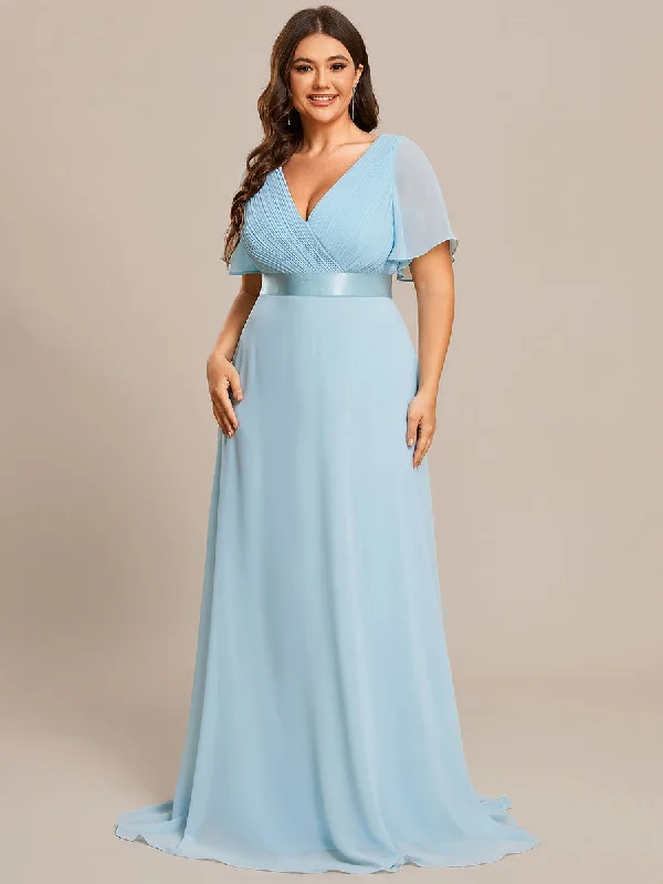 Glamorous Double V-Neck Ruffles Padded Plus Size Evening Dresses