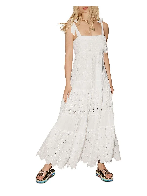 Womens Eyelet Tie Shoulder Maxi Dress