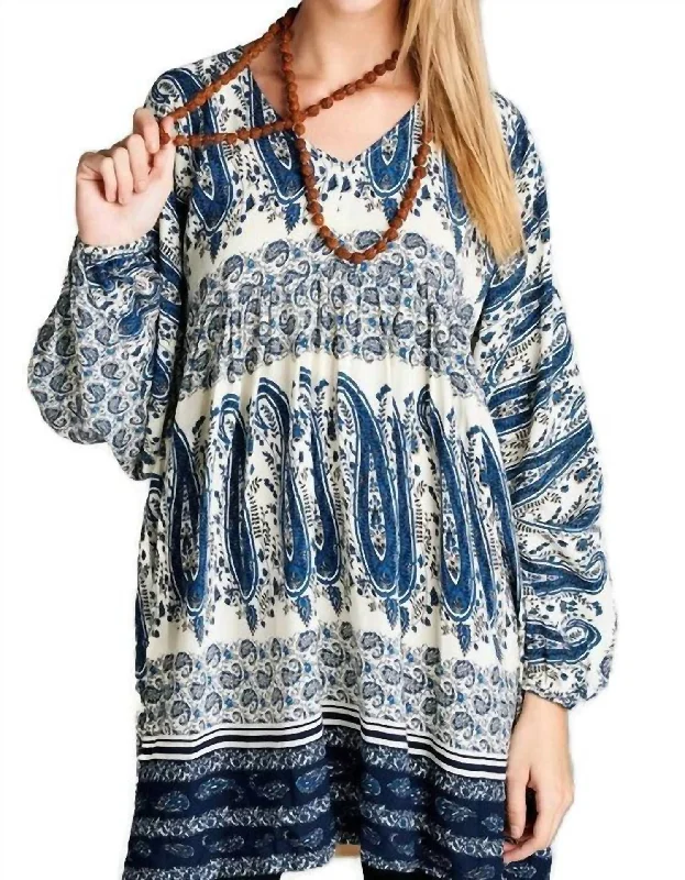 Paisley V-Neck Mini Dress In Blue