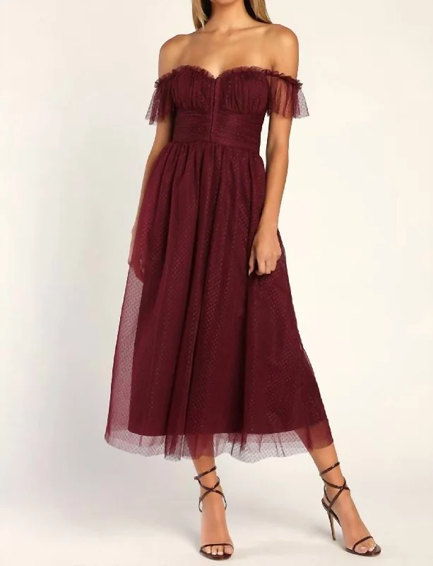 Regal Radiance Tulle Bustier Midi Dress In Burgundy