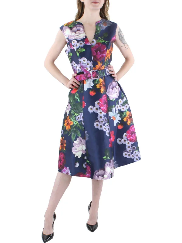 Womens Floral Pleated Cocktail and Party Dress