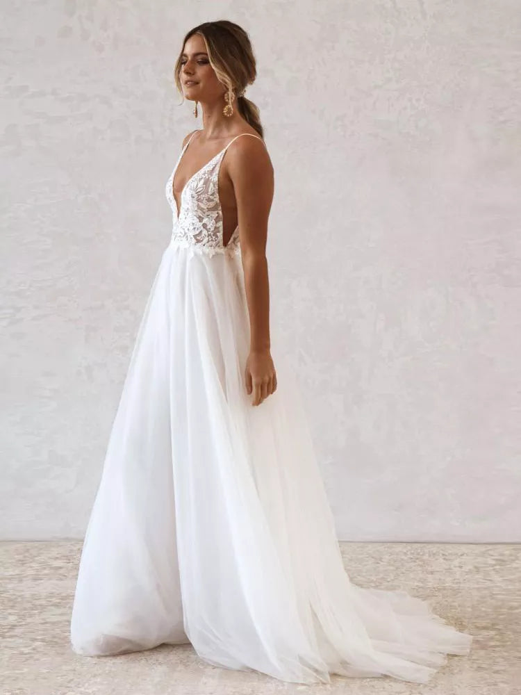 Vestido Boho Bridal Wedding Dress Summer Beach Backless Sexy Mariage Tulle Receipt Party Gowns Lace Spaghetti Straps