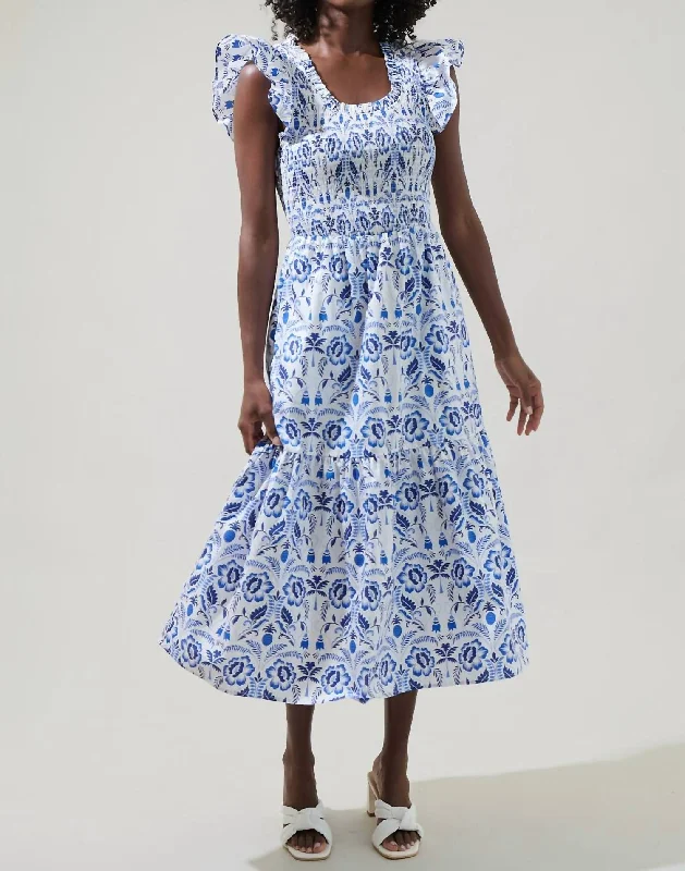 Marisol Floral Smock Midi Dress In White-Blue