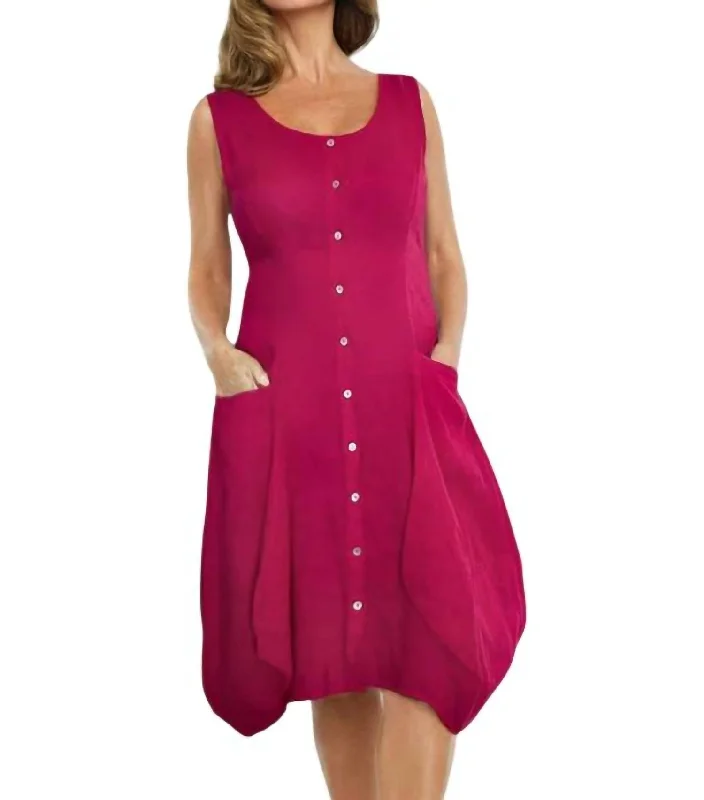 Olly Front Button Short Dress In Fuchsia