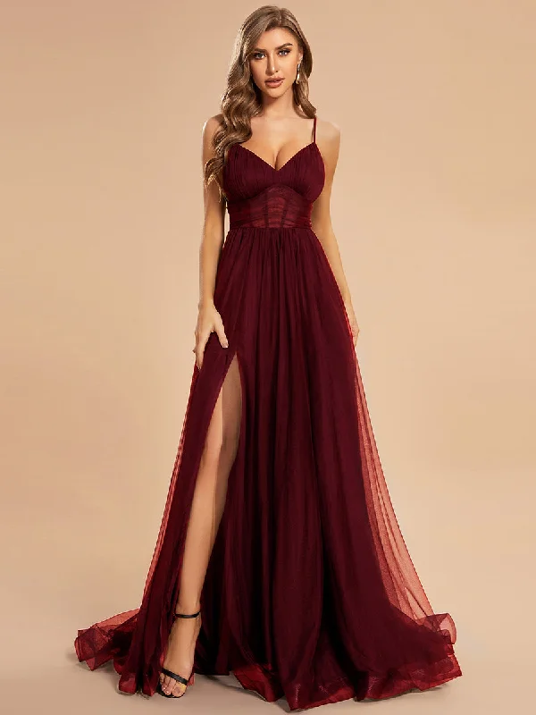 See Through Spaghetti Strap High Split Tulle Wholesale Evening Dress