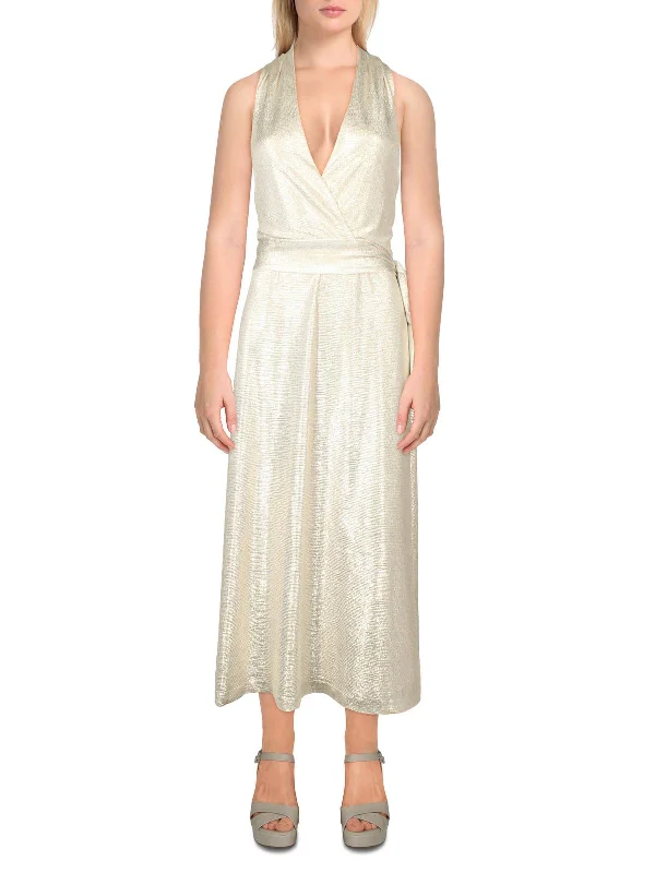 Womens Metallic Halter Cocktail And Party Dress