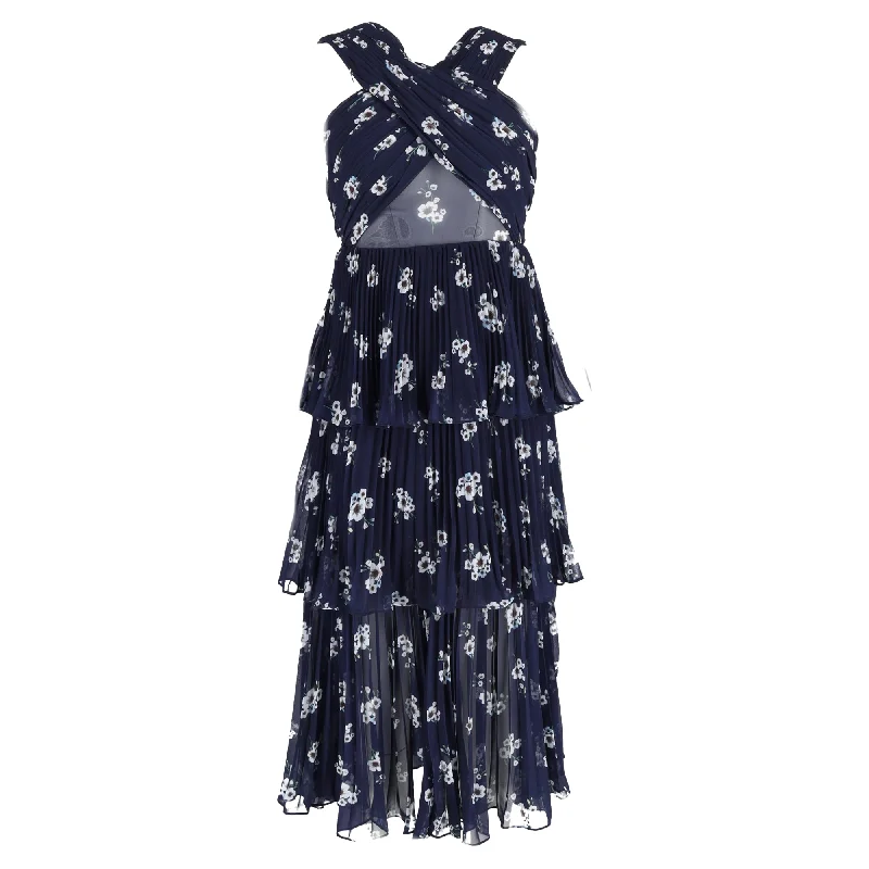 Self-Portrait Floral Print Pleated Midi Layered Dress in Navy Blue Polyester