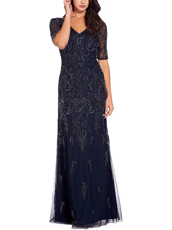 Petites Womens Mesh Embellished Evening Dress