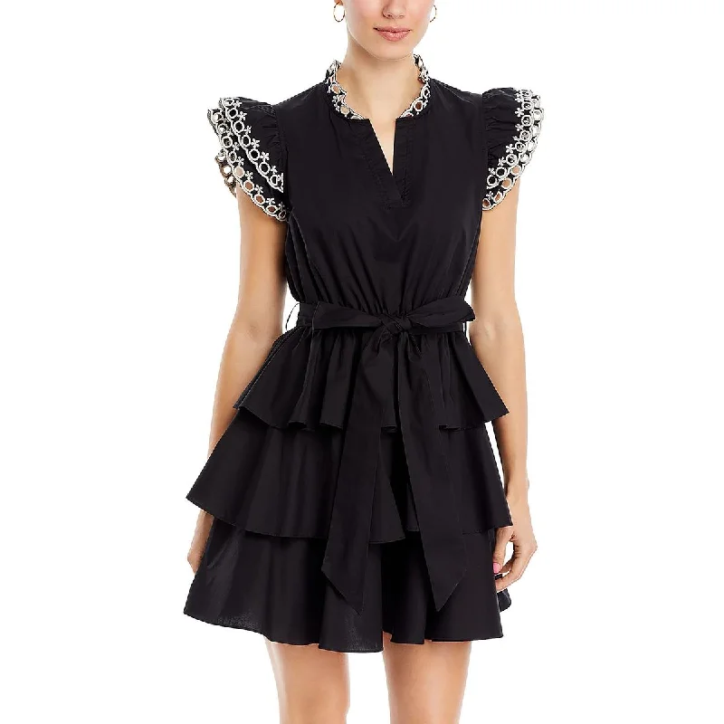 Womens Eyelet Ruffles Mini Dress