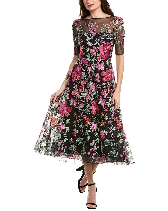 Teri Jon by Rickie Freeman Embroidered Tulle Midi Dress