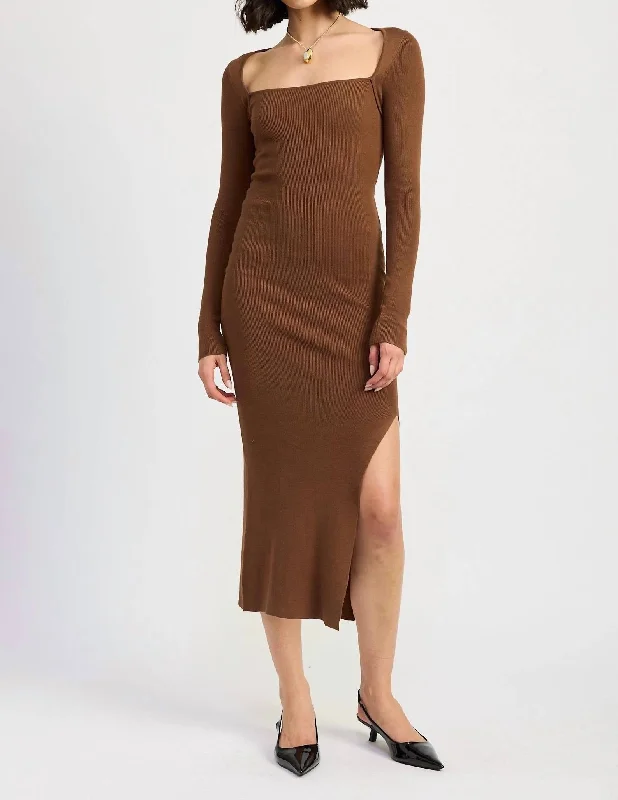 Square Neck Midi Dress In Chocolate