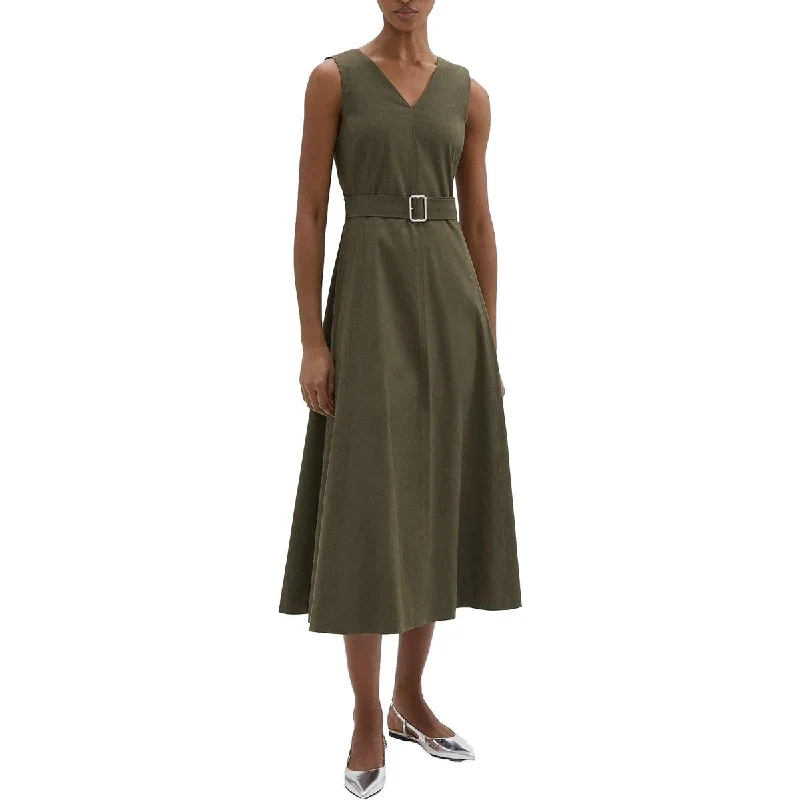 Womens Belted Sleeveless Midi Dress