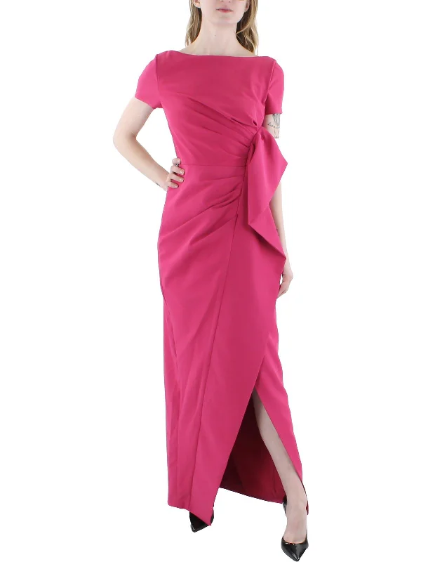 Womens Cascade Ruffle Column Evening Dress