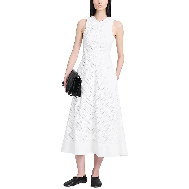 Womens Eyelet Sleeveless Midi Dress