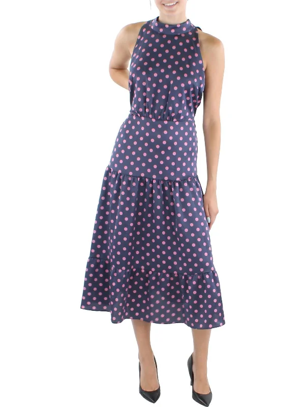 Womens Polka Dot Tie Neck Maxi Dress