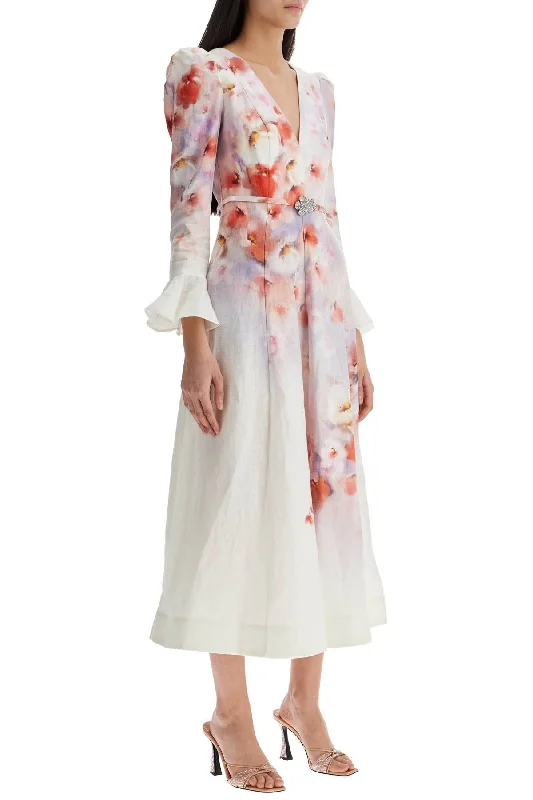 Zimmermann White Floral Linen Midi Dress Ciara