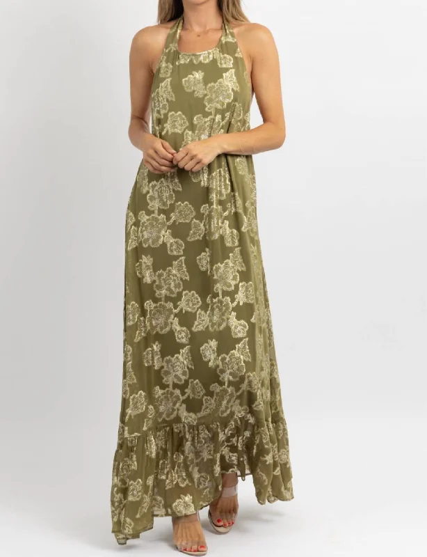 Halter Maxi Dress In Andie Olive, Gold