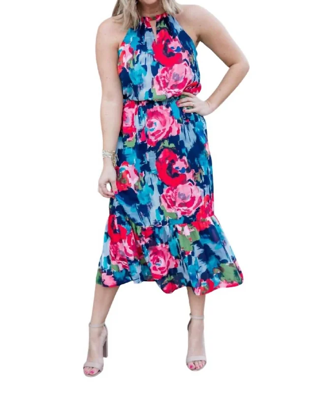 Midi Angela Floral Print Halter Dress In Multicolor